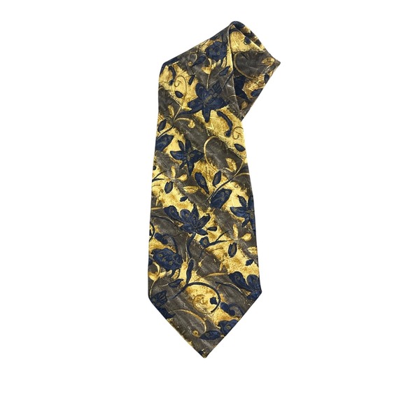 Hubert Milano Floral Necktie Gold Brown Blue Flower Pattern Men's Accessory - Picture 1 of 8